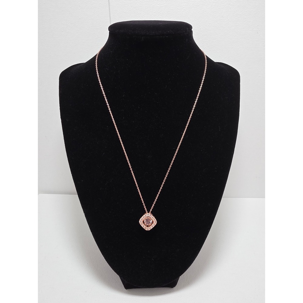 Rose Gold Tone Dancing Stone Square Halo Necklace SP 925 Sterling Silver 18"